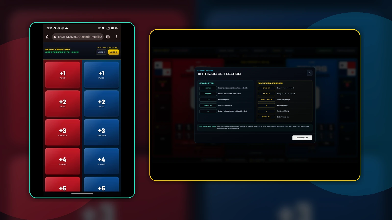 Controles y acceso móvil para jueces en NEXUS ARENA