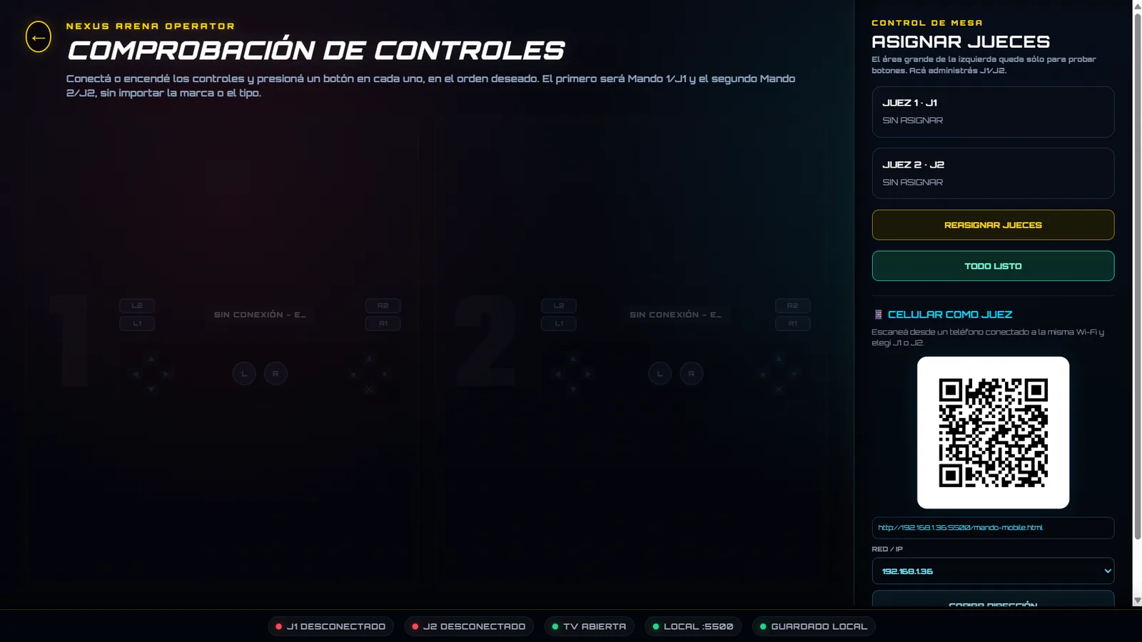 Comprobación de controles y acceso QR para jueces