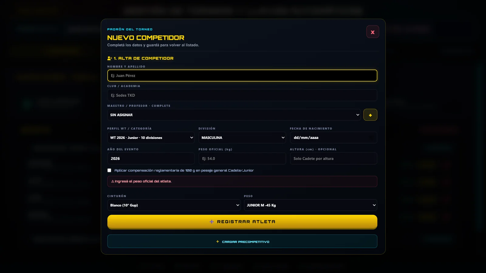 Alta de un competidor en NEXUS ARENA