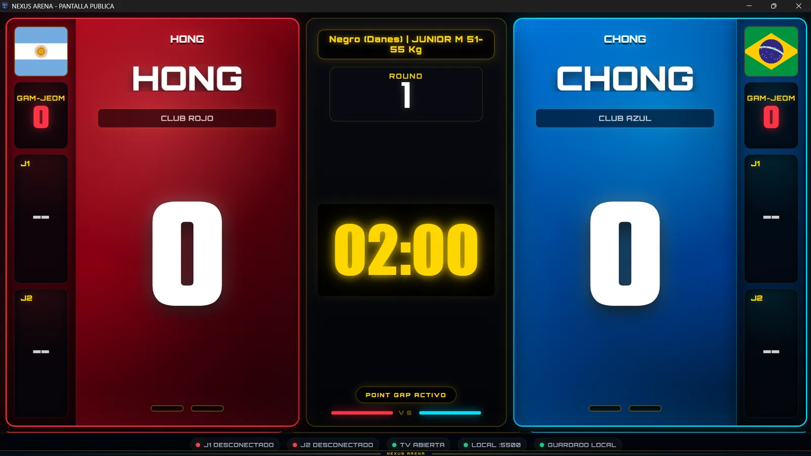 Pantalla pública de puntaje para combate de Taekwondo WT en NEXUS ARENA