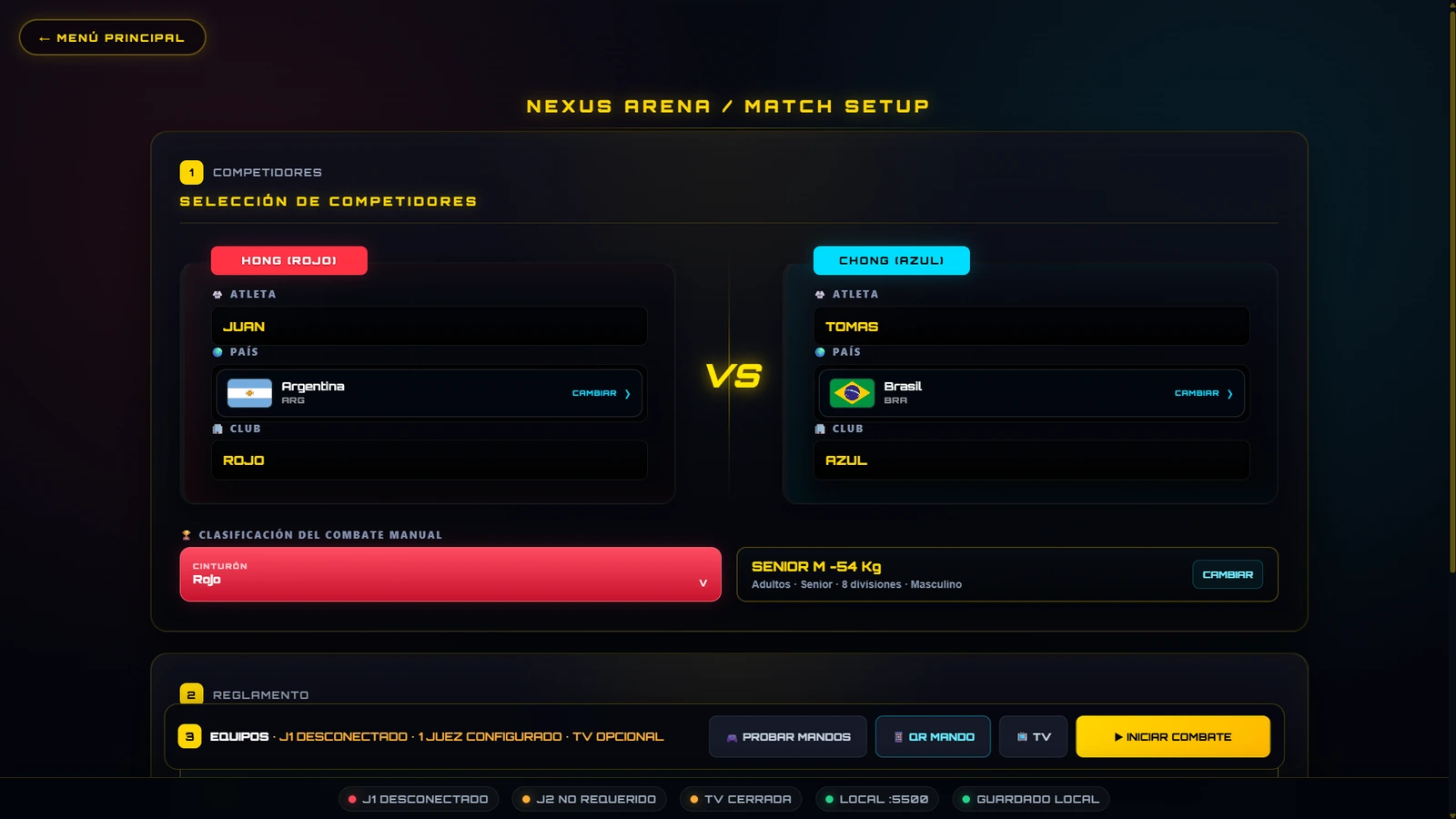 Pantalla real de configuración de combate de Taekwondo en NEXUS ARENA