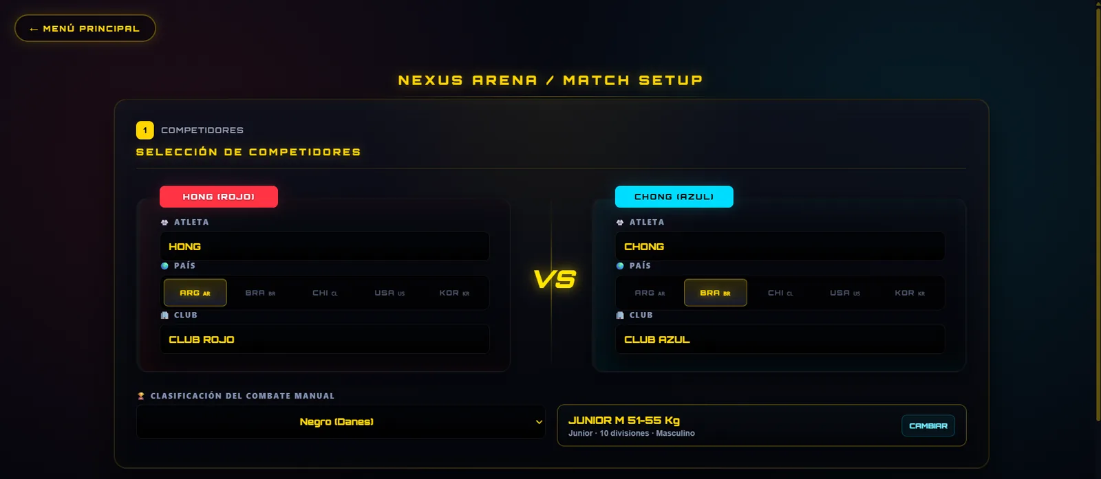 Pantalla real de configuración de combate de Taekwondo en NEXUS ARENA